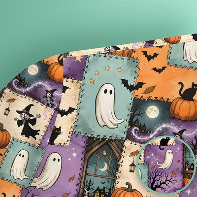 Spooky Halloween Ghost And Black Cat Patchwork Scrub Top, Comfortable Scrubs for Nurses