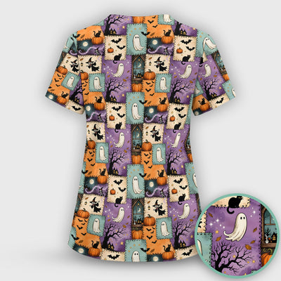 Spooky Halloween Ghost And Black Cat Patchwork Scrub Top, Comfortable Scrubs for Nurses