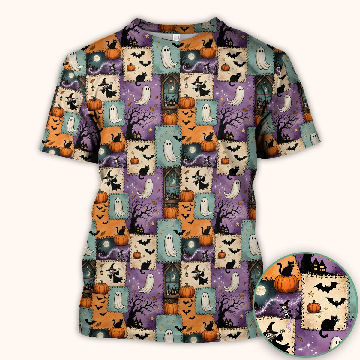Spooky Halloween Ghost And Black Cat Patchwork Scrub Top, Comfortable Scrubs for Nurses