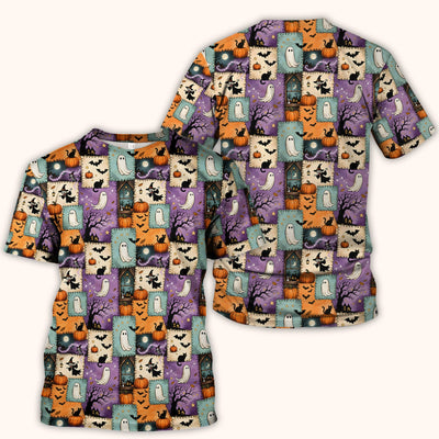 Spooky Halloween Ghost And Black Cat Patchwork Scrub Top, Comfortable Scrubs for Nurses