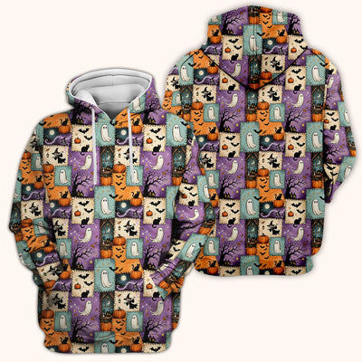 Spooky Halloween Ghost And Black Cat Patchwork Scrub Top, Comfortable Scrubs for Nurses