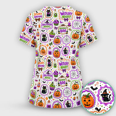 Cute Halloween Black Cats And Pumpkins Scrub Top, Comfortable Scrubs for Nurses