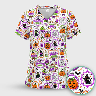 Cute Halloween Black Cats And Pumpkins Scrub Top, Comfortable Scrubs for Nurses