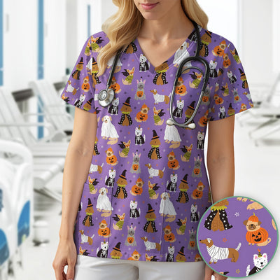 Cute Halloween Costume Dogs Scrub Top, Comfortable Scrubs for Nurses