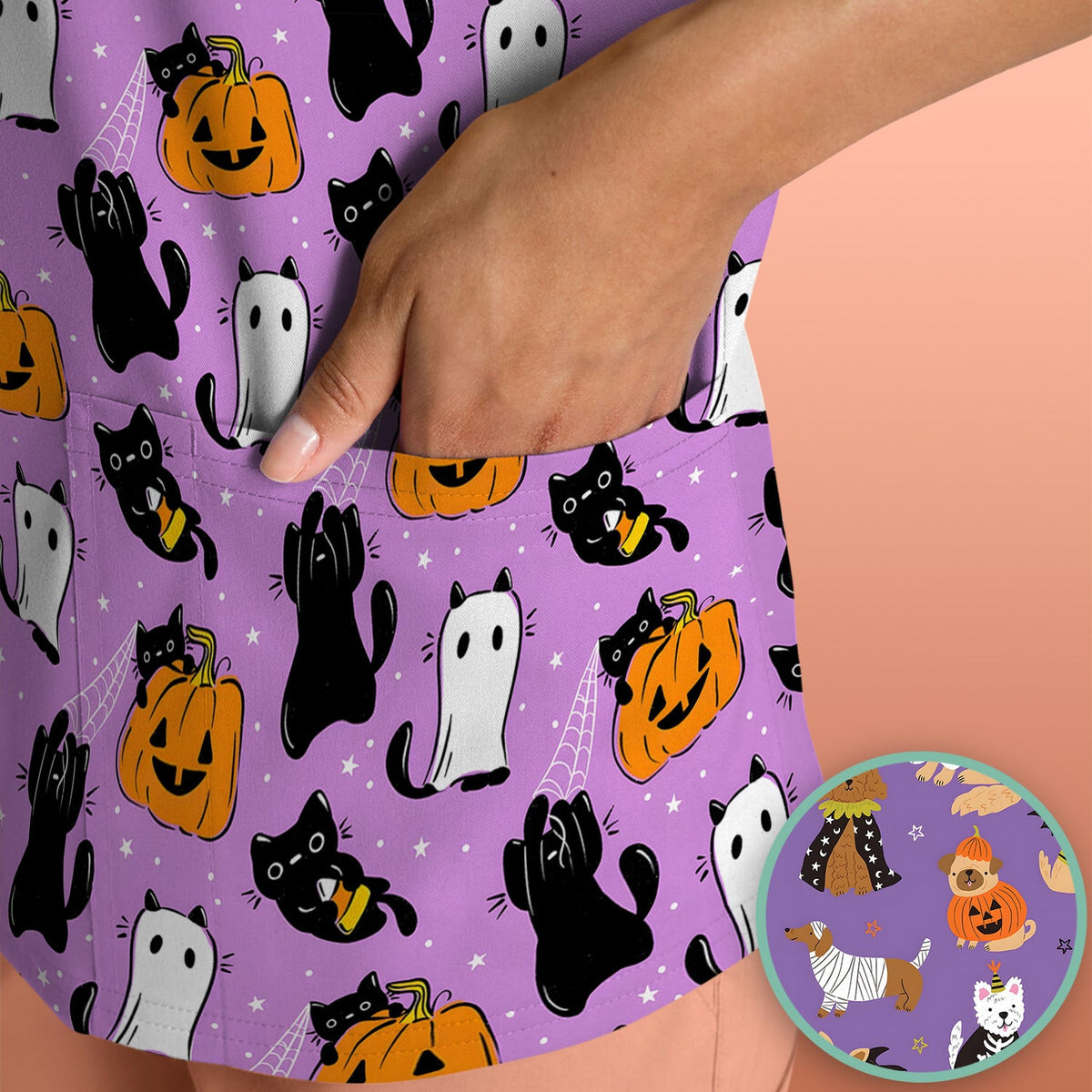 Cute Halloween Costume Dogs Scrub Top, Comfortable Scrubs for Nurses