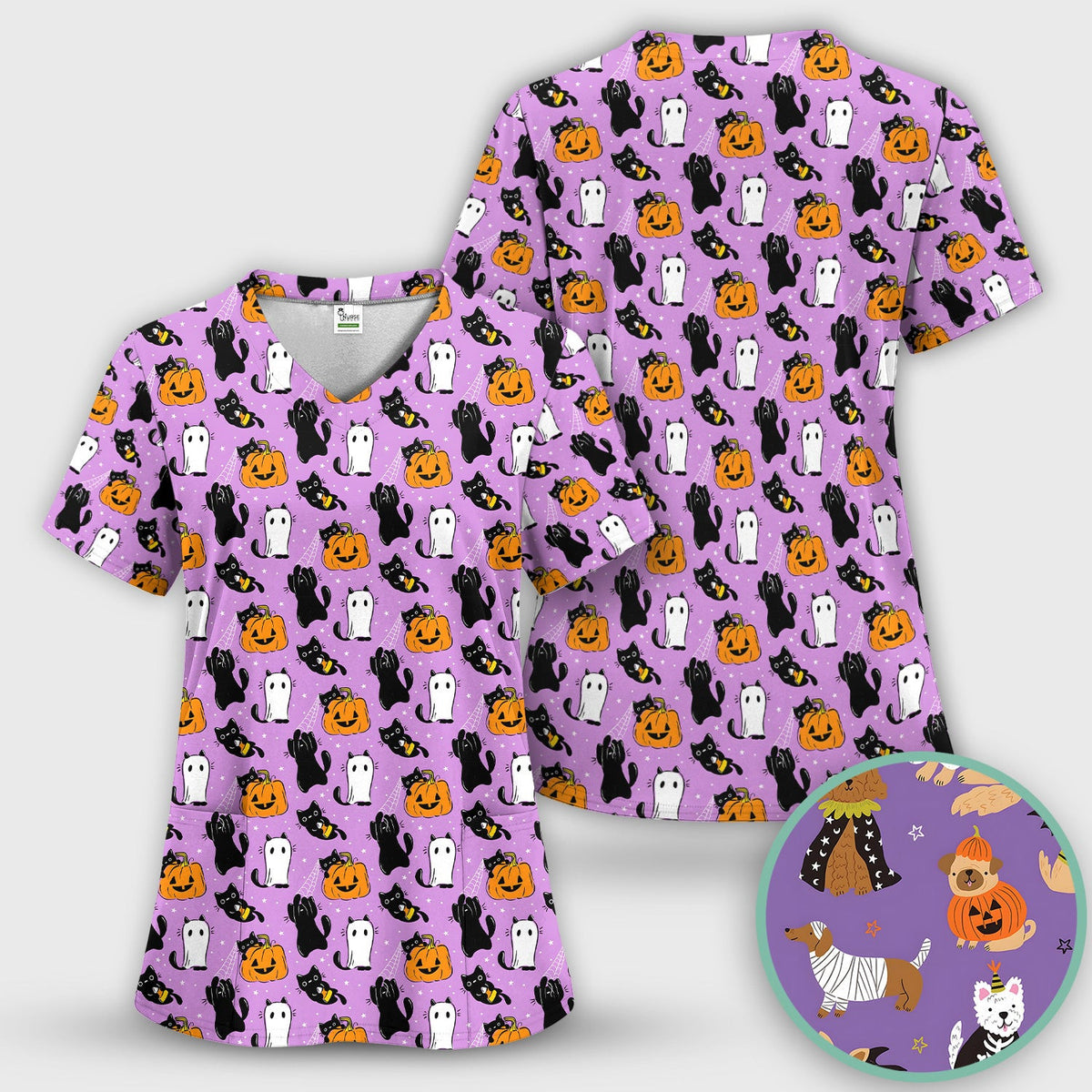 Cute Halloween Costume Dogs Scrub Top, Comfortable Scrubs for Nurses
