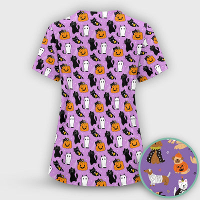 Cute Halloween Costume Dogs Scrub Top, Comfortable Scrubs for Nurses