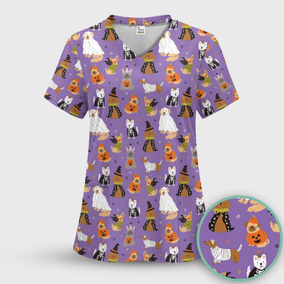Cute Halloween Costume Dogs Scrub Top, Comfortable Scrubs for Nurses