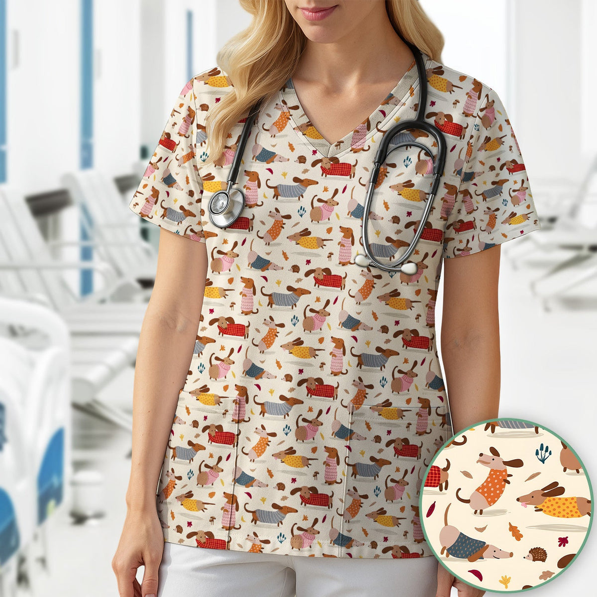 Cute Autumn Dachshund Print Scrub Top, Comfortable Scrubs for Nurses