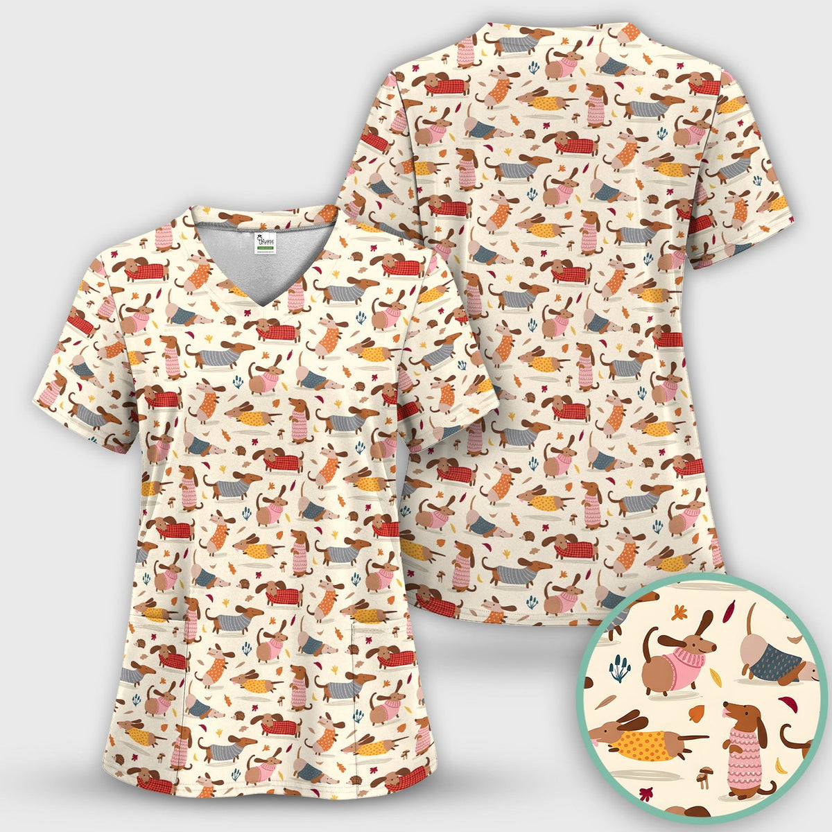 Cute Autumn Dachshund Print Scrub Top, Comfortable Scrubs for Nurses