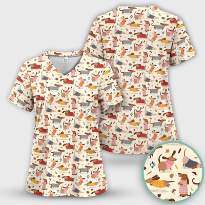 Cute Autumn Dachshund Print Scrub Top, Comfortable Scrubs for Nurses