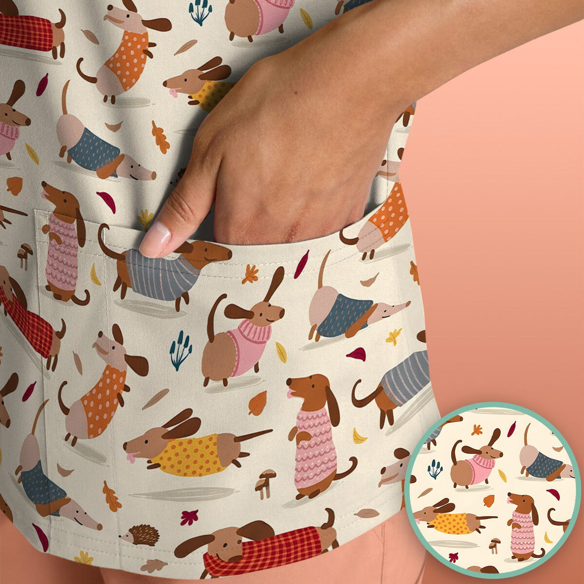 Cute Autumn Dachshund Print Scrub Top, Comfortable Scrubs for Nurses