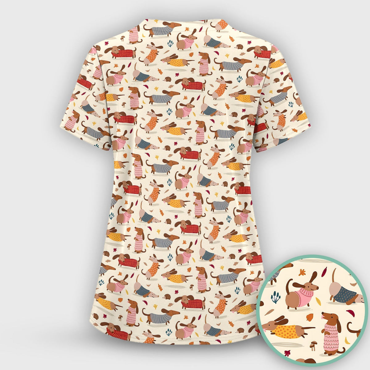 Cute Autumn Dachshund Print Scrub Top, Comfortable Scrubs for Nurses