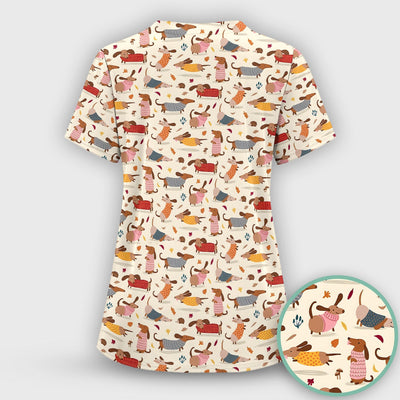 Cute Autumn Dachshund Print Scrub Top, Comfortable Scrubs for Nurses