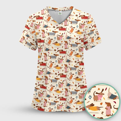 Cute Autumn Dachshund Print Scrub Top, Comfortable Scrubs for Nurses