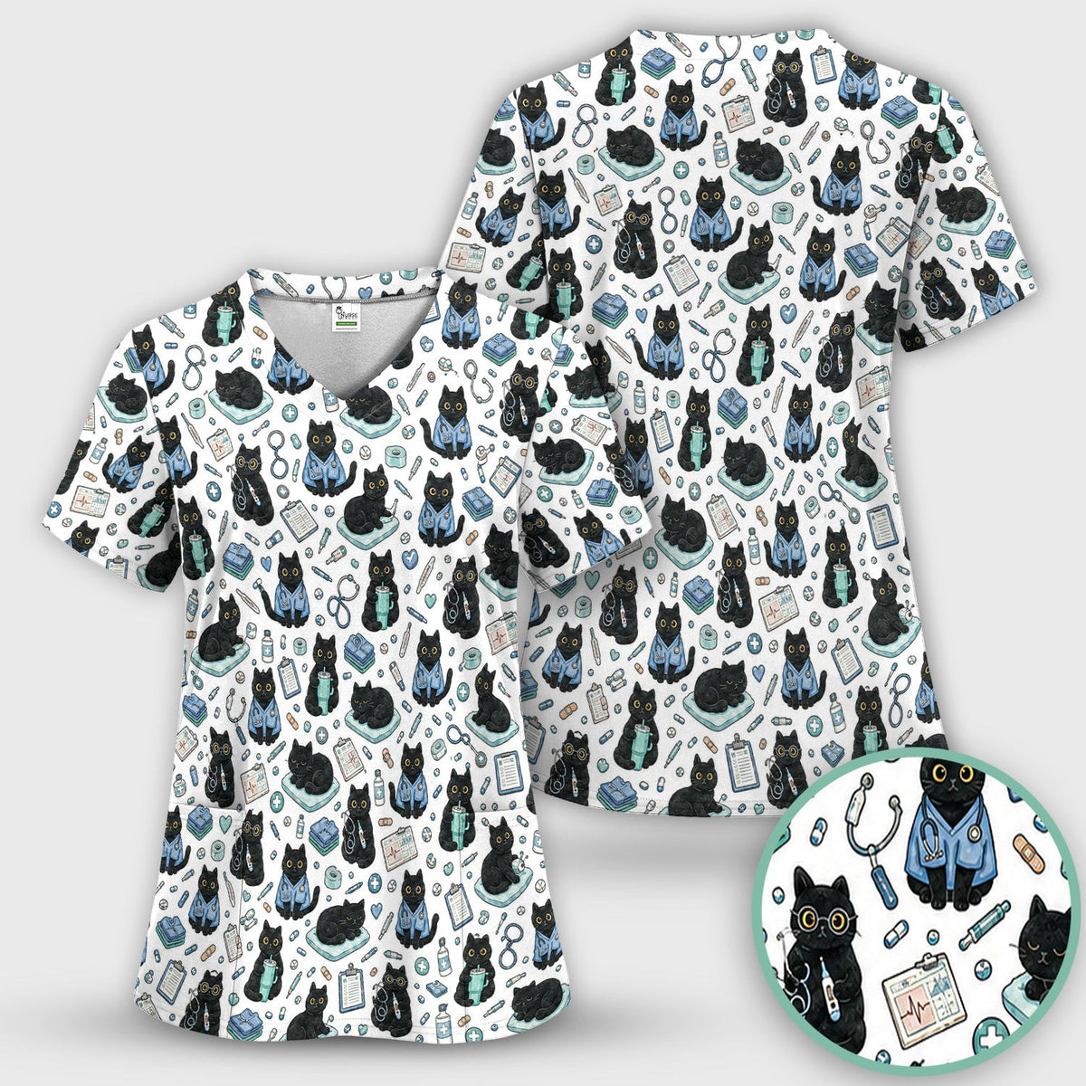 Black Cat Clinic Scrub Top, Comfortable Scrubs for Nurses