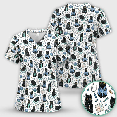 Black Cat Clinic Scrub Top, Comfortable Scrubs for Nurses