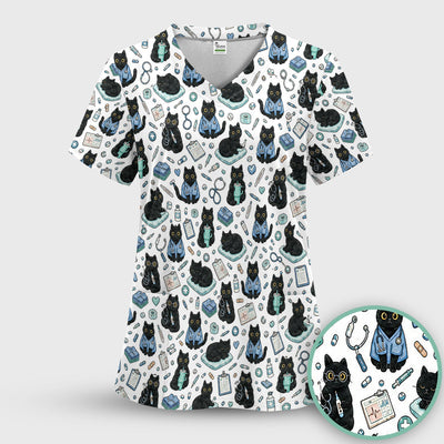 Black Cat Clinic Scrub Top, Comfortable Scrubs for Nurses