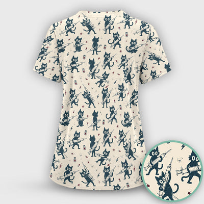 Funny Black Cats With Syringes Scrub Top, Comfortable Scrubs for Nurses