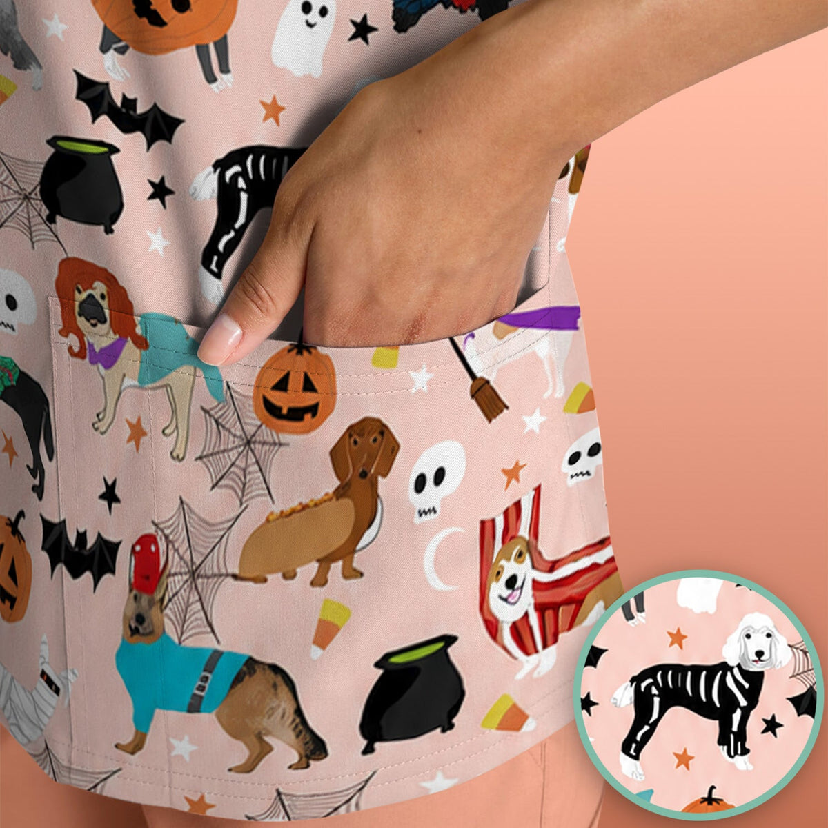 Halloween Costume Dogs Scrub Top, Comfortable Scrubs for Nurses