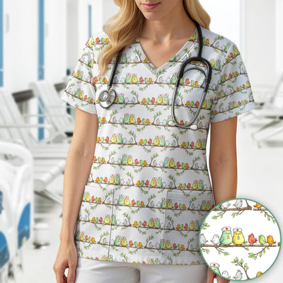 Cute Nurse Birds On Branches Scrub Top, Comfortable Scrubs for Nurses