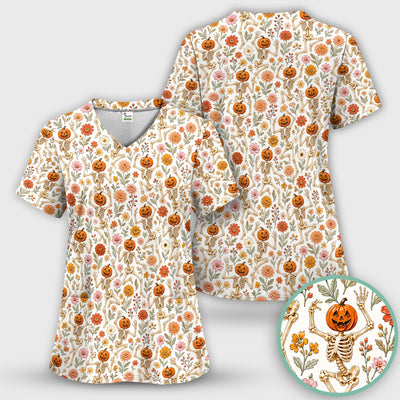 Halloween Pumpkin Skeleton Floral Scrub Top, Comfortable Scrubs for Nurses