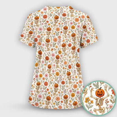 Halloween Pumpkin Skeleton Floral Scrub Top, Comfortable Scrubs for Nurses