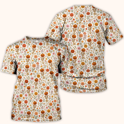 Halloween Pumpkin Skeleton Floral Scrub Top, Comfortable Scrubs for Nurses