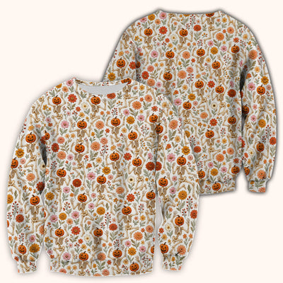 Halloween Pumpkin Skeleton Floral Scrub Top, Comfortable Scrubs for Nurses