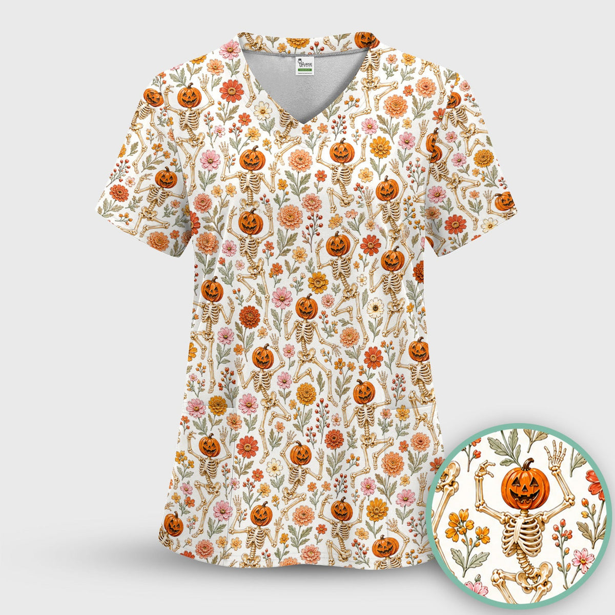 Halloween Pumpkin Skeleton Floral Scrub Top, Comfortable Scrubs for Nurses