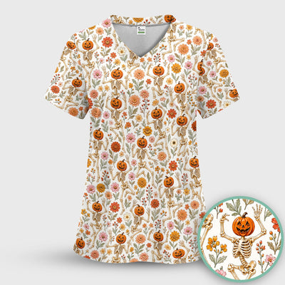 Halloween Pumpkin Skeleton Floral Scrub Top, Comfortable Scrubs for Nurses