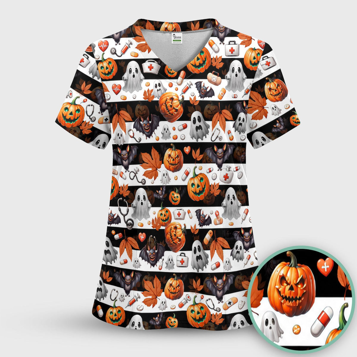 Halloween Ghost And Medical Icons Scrub Top, Comfortable Scrubs for Nurses