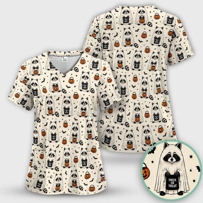 Cute Halloween Ghost Raccoon Scrub Top, Comfortable Scrubs for Nurses