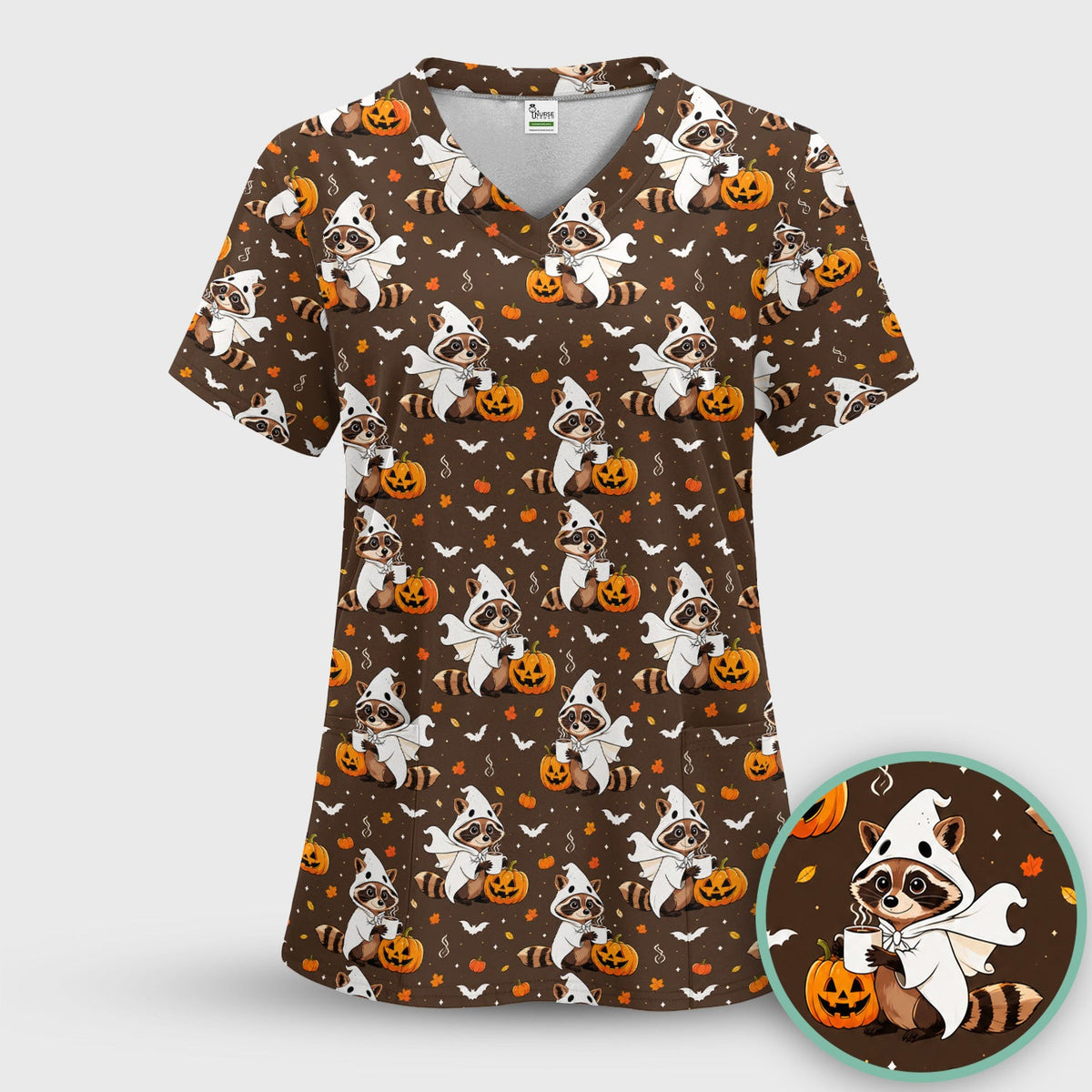 Halloween Ghost Raccoon Pumpkin Scrub Top, Comfortable Scrubs for Nurses
