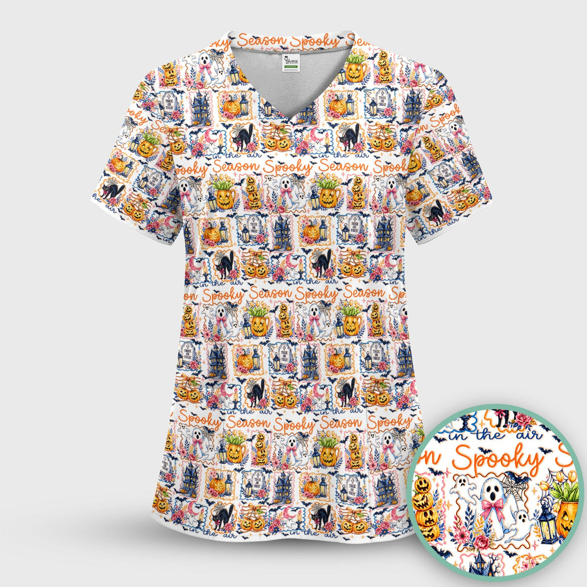 Spooky Halloween Pumpkin Ghost Pattern Scrub Top, Comfortable Scrubs for Nurses