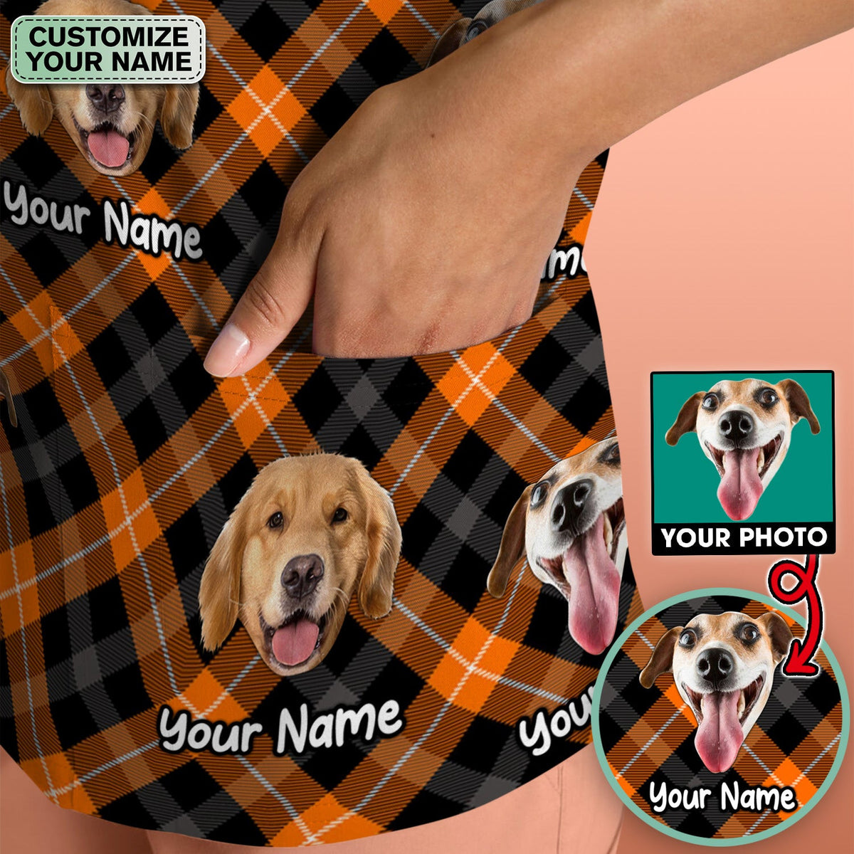Personalized Halloween Dog Photo Plaid Scrub Top, Comfortable Scrubs for Nurses