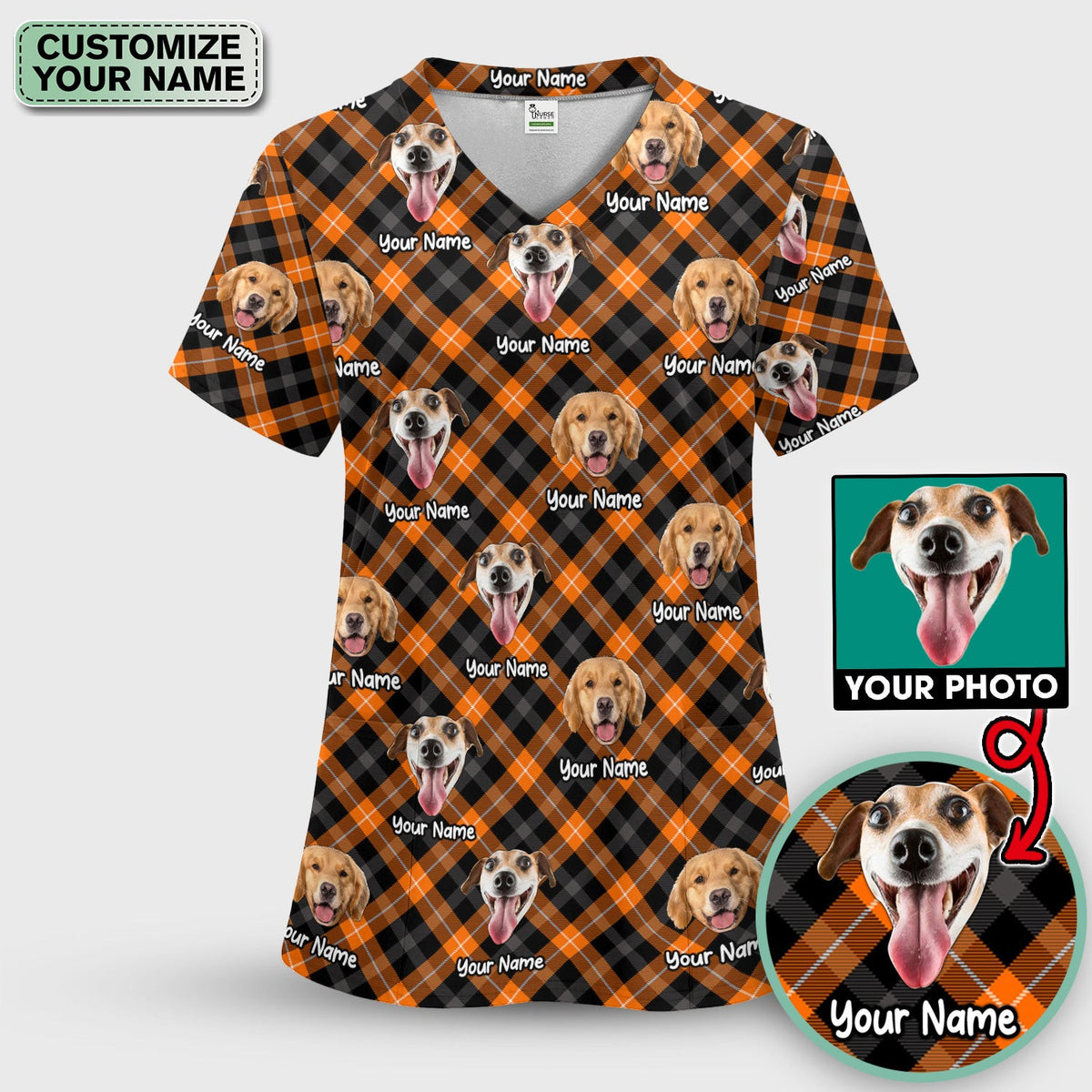 Personalized Halloween Dog Photo Plaid Scrub Top, Comfortable Scrubs for Nurses