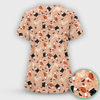 Halloween Goose with Pumpkin Bat Pattern Scrub Top, Comfortable Scrubs for Nurses
