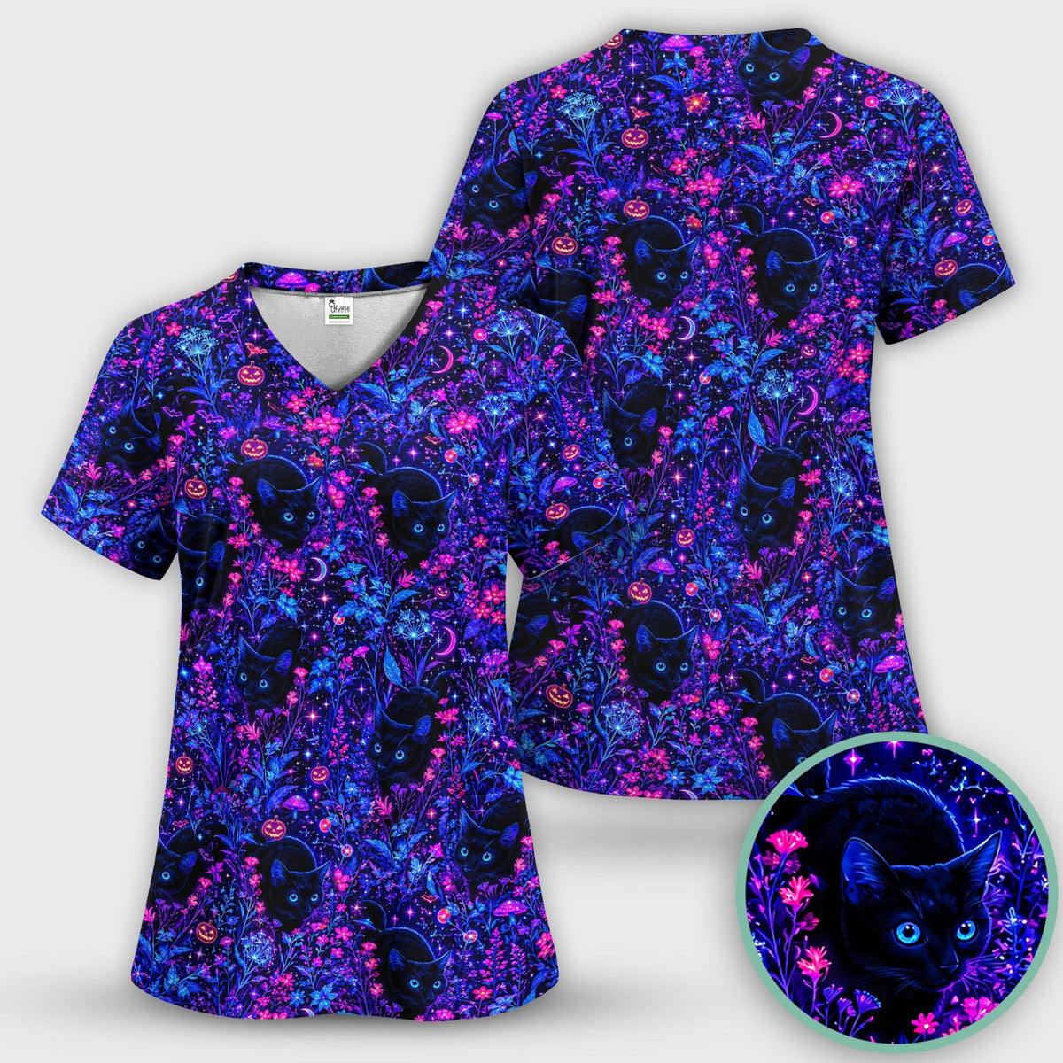 Spooky Black Cat Garden Pattern Scrub Top, Comfortable Scrubs for Nurses