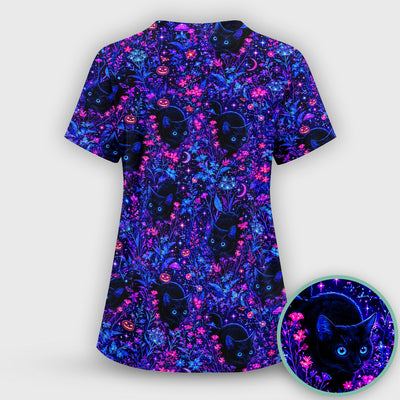 Spooky Black Cat Garden Pattern Scrub Top, Comfortable Scrubs for Nurses