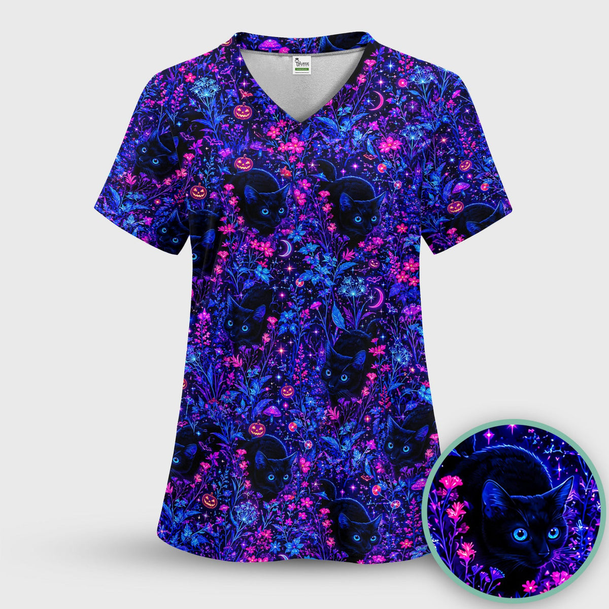 Spooky Black Cat Garden Pattern Scrub Top, Comfortable Scrubs for Nurses