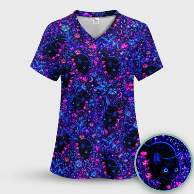 Spooky Black Cat Garden Pattern Scrub Top, Comfortable Scrubs for Nurses