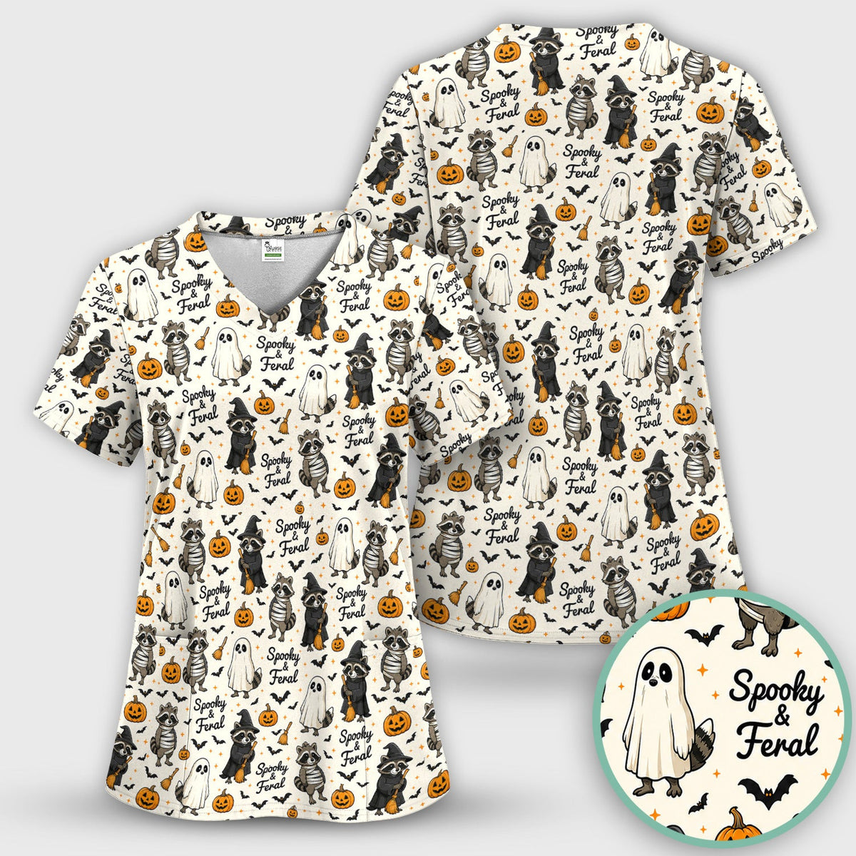 Spooky And Feral Halloween Raccoon Scrub Top, Comfortable Scrubs for Nurses