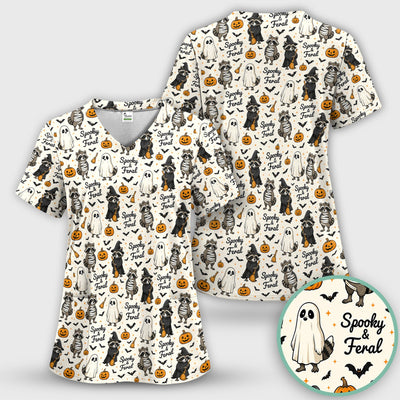 Spooky And Feral Halloween Raccoon Scrub Top, Comfortable Scrubs for Nurses