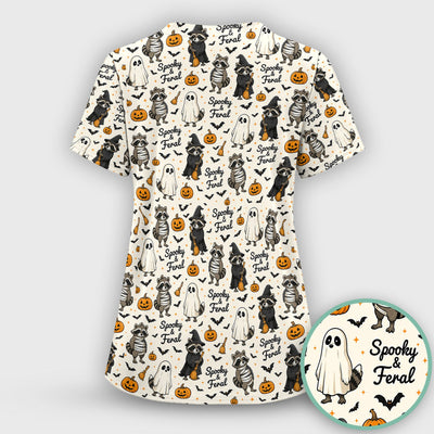 Spooky And Feral Halloween Raccoon Scrub Top, Comfortable Scrubs for Nurses