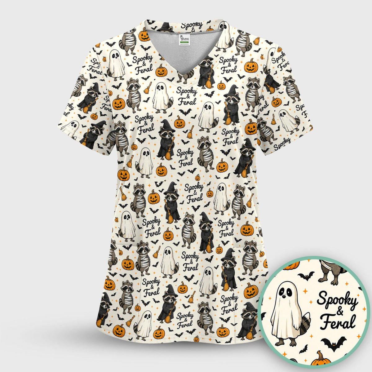 Spooky And Feral Halloween Raccoon Scrub Top, Comfortable Scrubs for Nurses