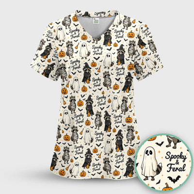 Spooky And Feral Halloween Raccoon Scrub Top, Comfortable Scrubs for Nurses