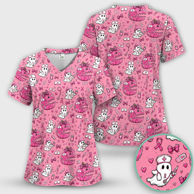 Pink Ribbon Ghost Pattern Scrub Top, Comfortable Scrubs for Nurses