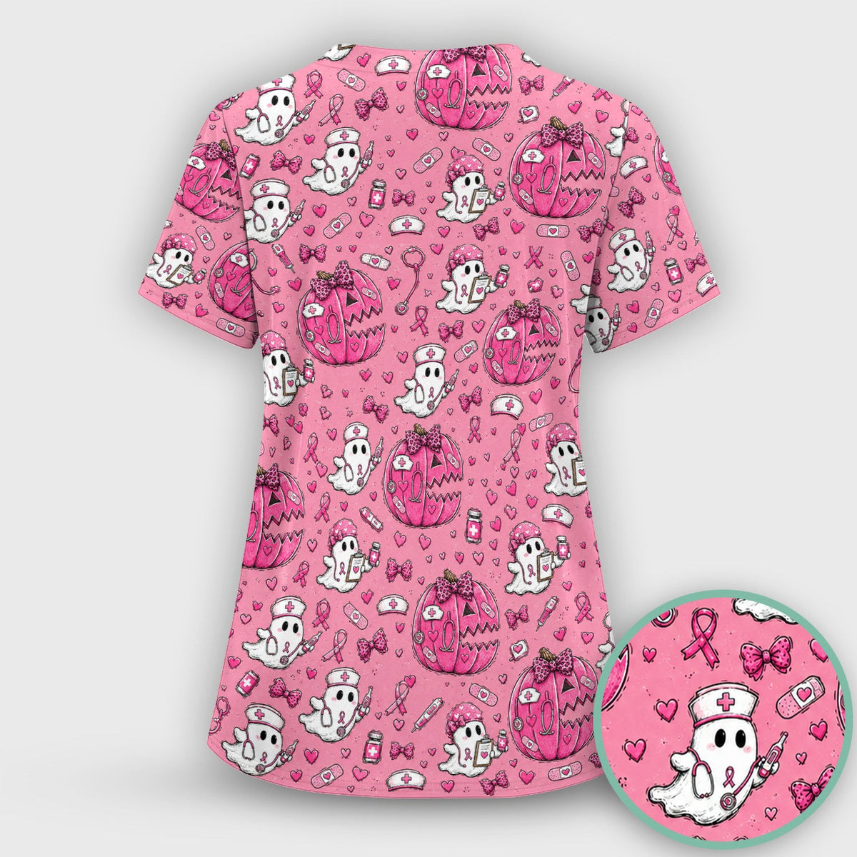 Pink Ribbon Ghost Pattern Scrub Top, Comfortable Scrubs for Nurses