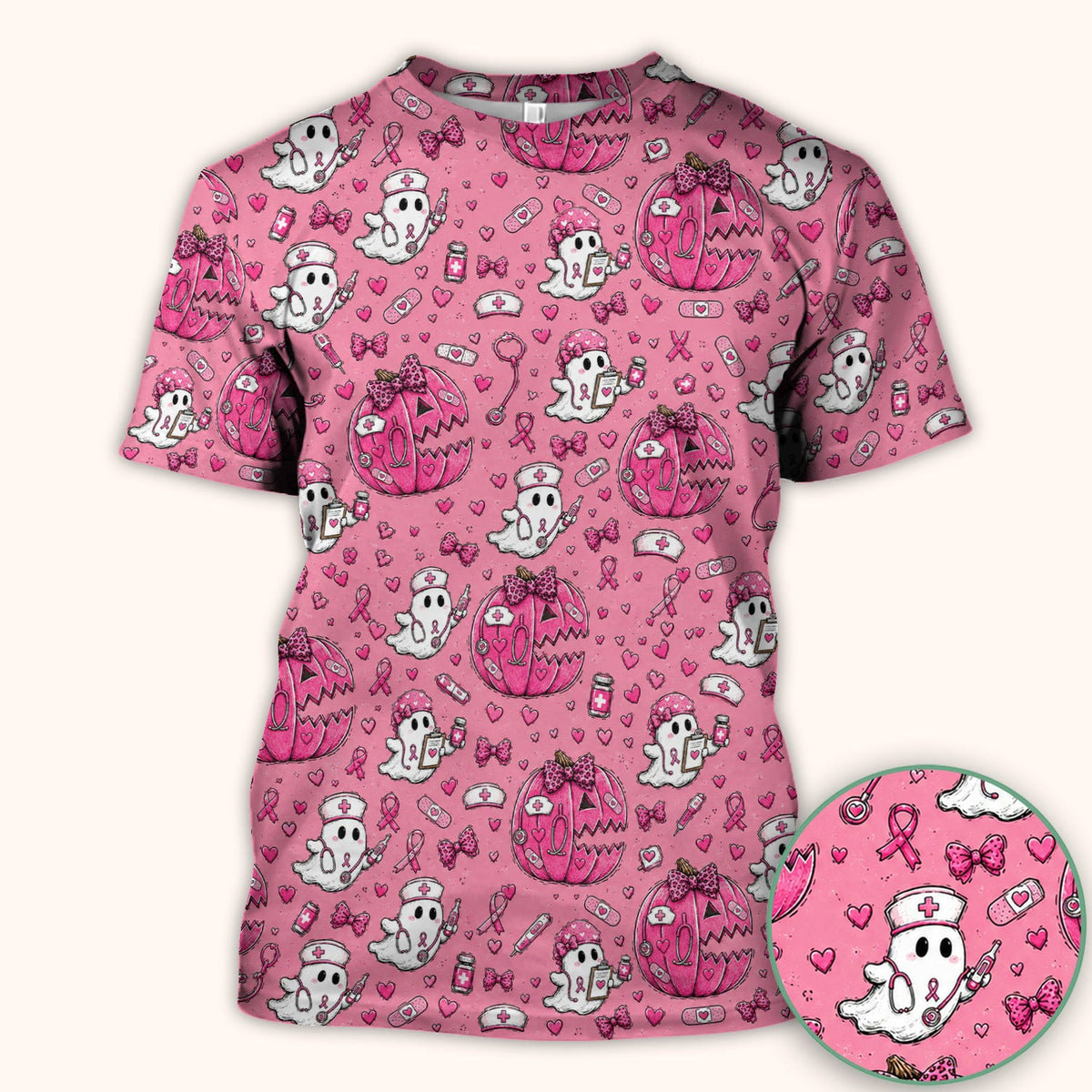 Pink Ribbon Ghost Pattern Scrub Top, Comfortable Scrubs for Nurses
